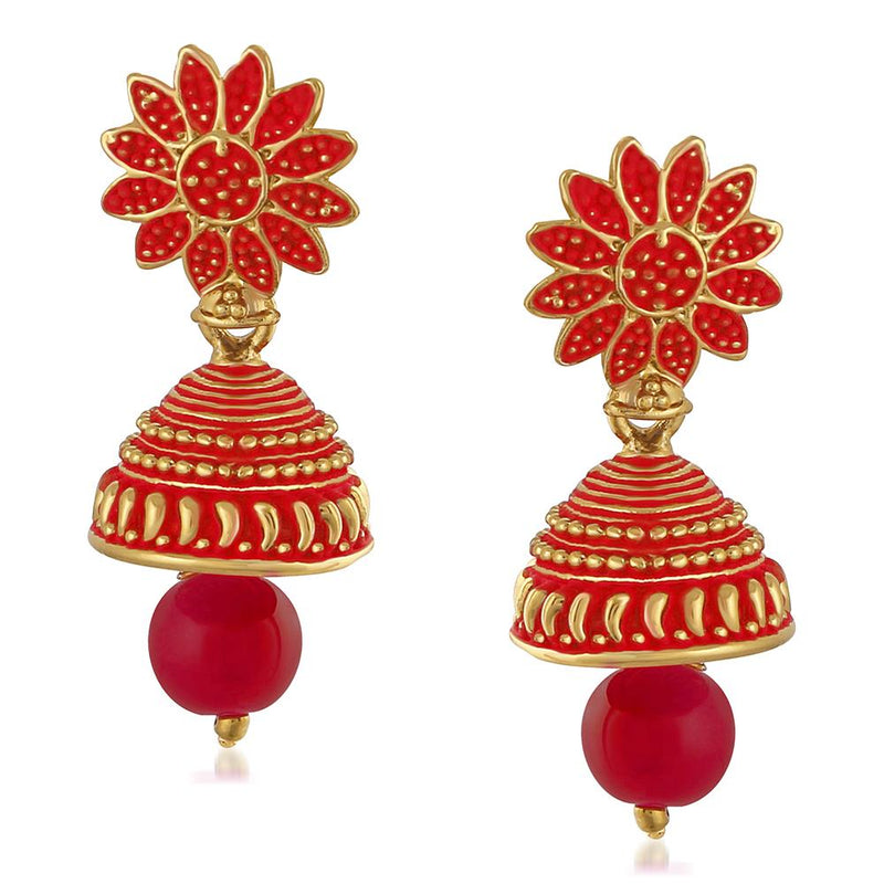 Red Stone Studded Gold Plated Jhumka Earrings | Jhumka earrings, Stone  studs, Red stone